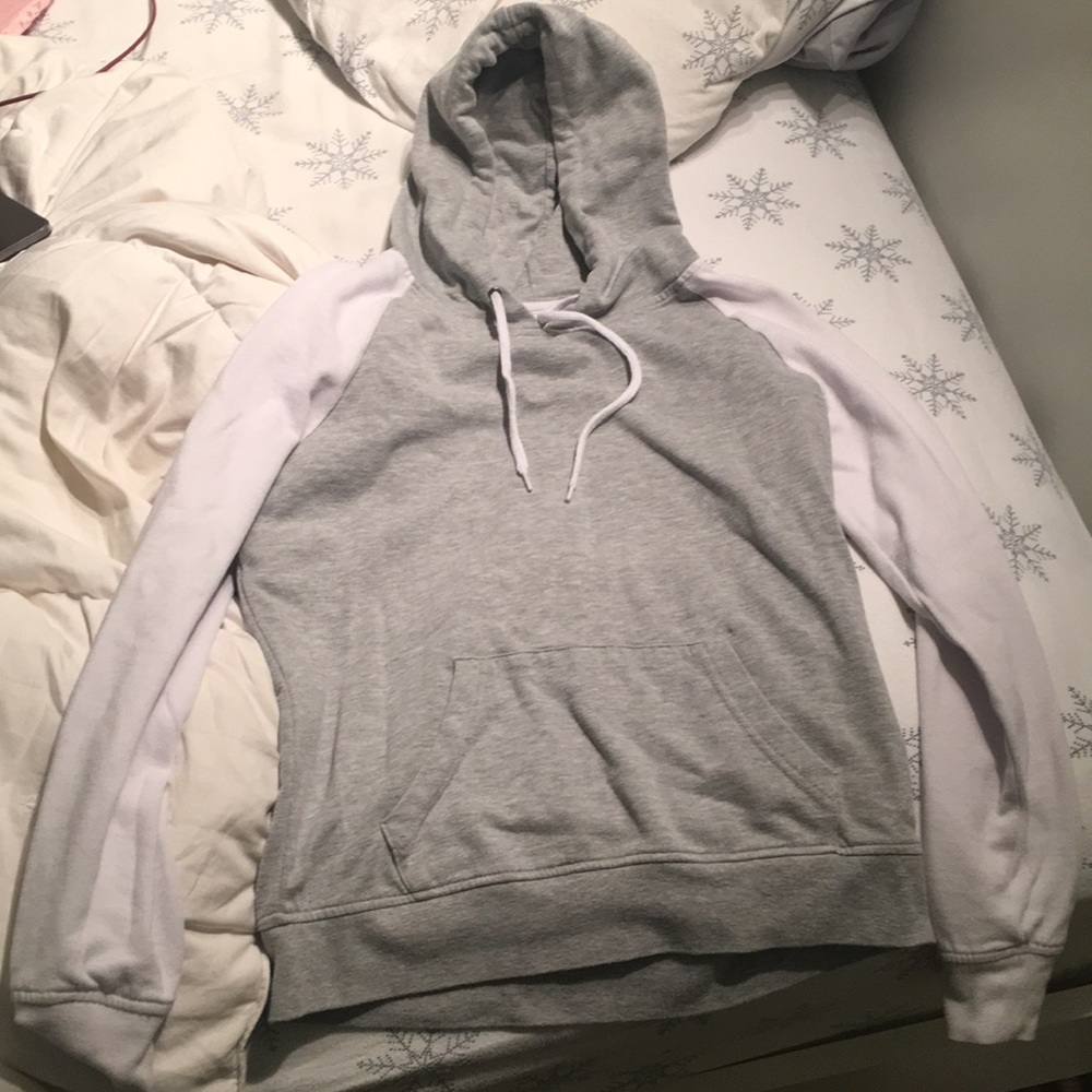 grey and white sweatshirt